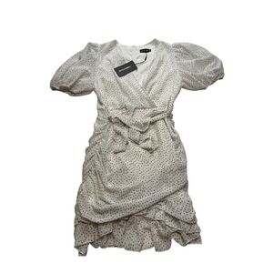 PrettyLittleThing Polka Dot Chiffon Puff Sleeve Ruched Bodycon Dress White Sz 12
